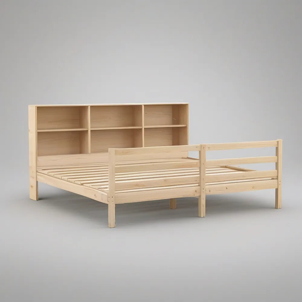 Łóżko dziecięce z regałem i barierkami 90 × 200 cm, lite drewno sosnowe, naturalne