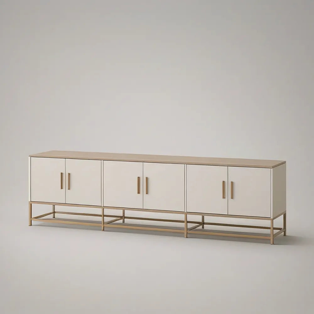 Szafka RTV 180 x 40 x 55 cm z płyty MDF, biała ze złotym stalowym stelażem
