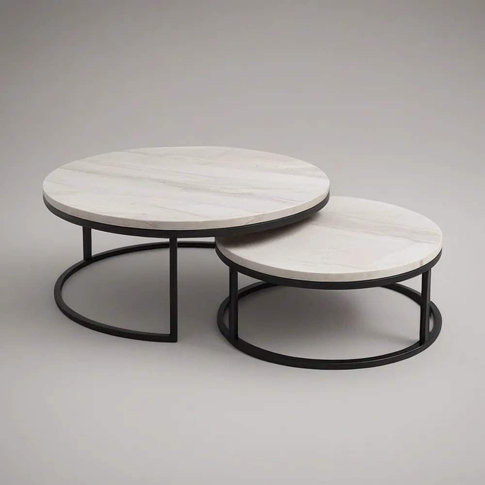 Zestaw 2 okrągłych stolików kawowych MDF w dekorze białego marmuru z czarną stalową podstawą, 80 × 45 cm i 60 × 38 cm