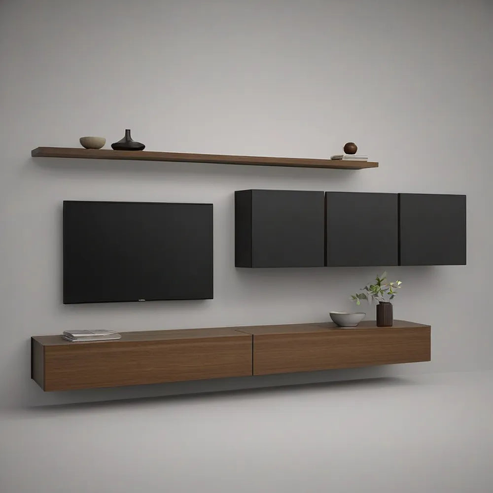 Wiszczący zestaw RTV z półką, MDF, Czarny/Orzechowy, 200 × 35 × 30 cm