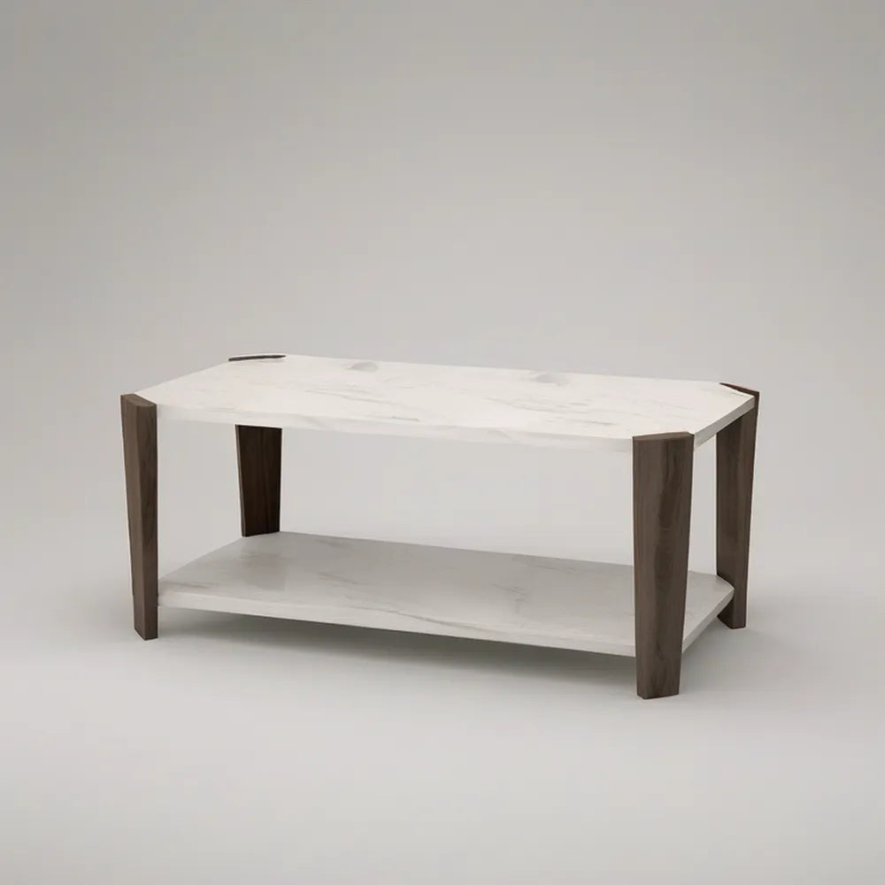 Prostokątny stolik kawowy z półką MDF 100 x 55 x 45 cm biały marmur i brąz orzechowy