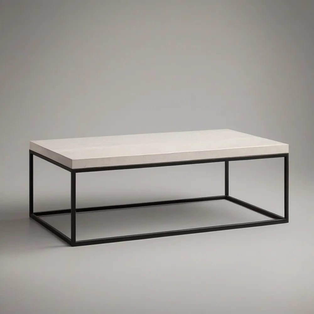 Prostokątny stolik kawowy 100 x 60 x 45 cm z białym blatem ceramicznym i czarną stalową ramą