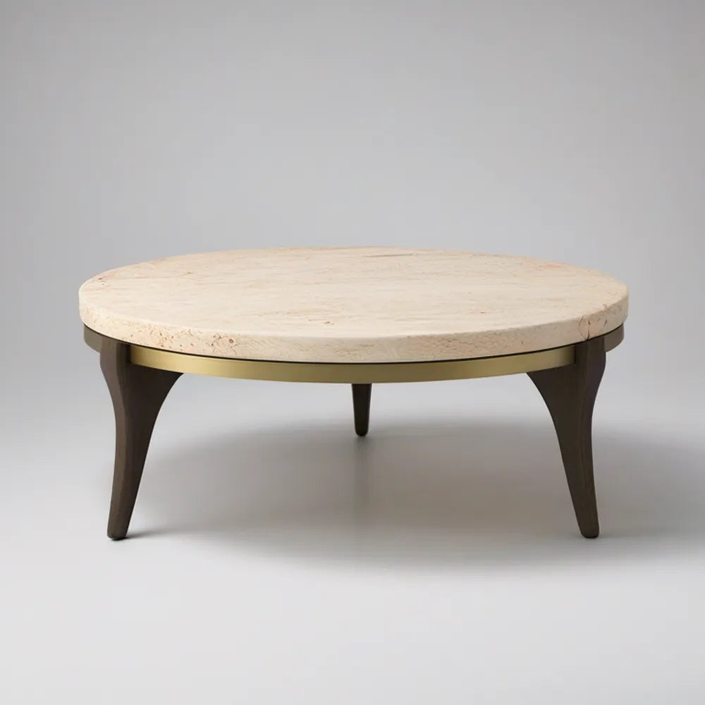 Okrągły stolik kawowy z marmurowym blatem, 90 × 45 cm, kremowo-ciemnobrązowo-złoty