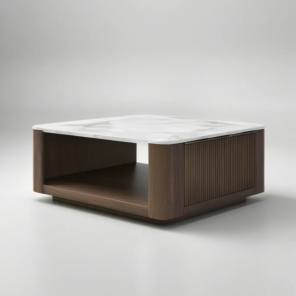 Kwadratowy stolik kawowy 80 x 80 x 40 cm z blatem w dekorze białego marmuru, ciemny orzech